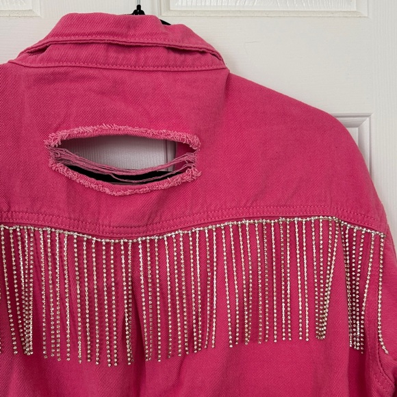 Hot Pink Rhinestone Fringe Cropped Denim Jacket - Picture 4 of 5